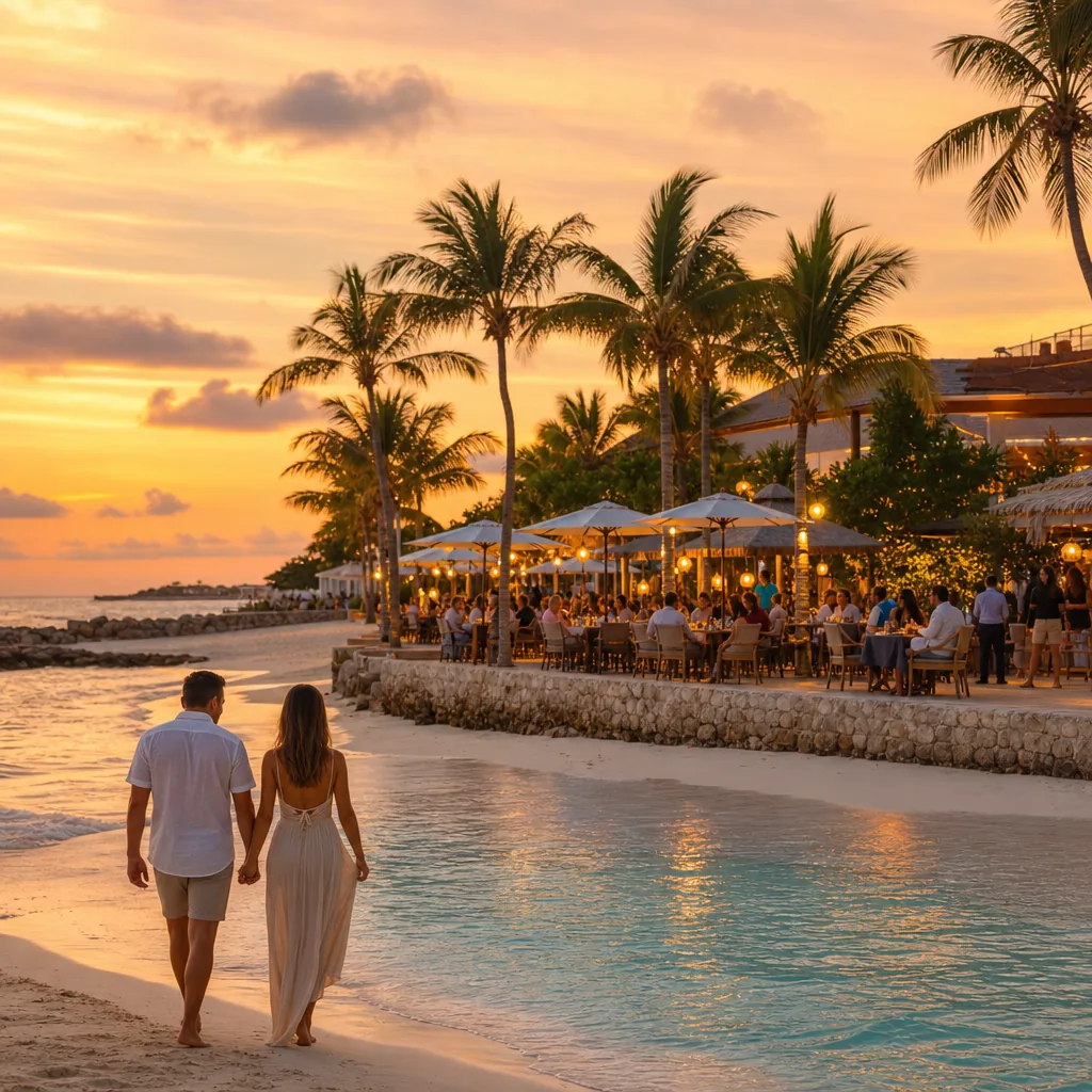 Realistic editorial photo of Aruba beach scene showing dinner reservations fill up, dry island light and turquoise water