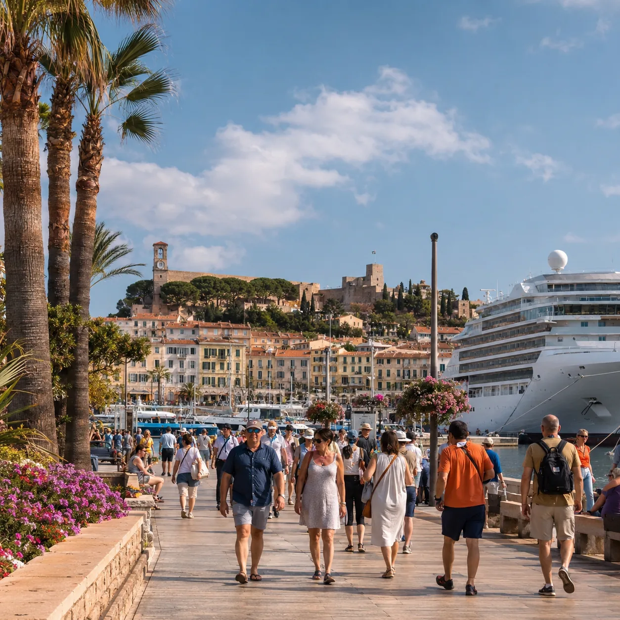Realistic editorial photo of Cannes, France cruise port waterfront with visitors, local streets, and ship-day energy, wa