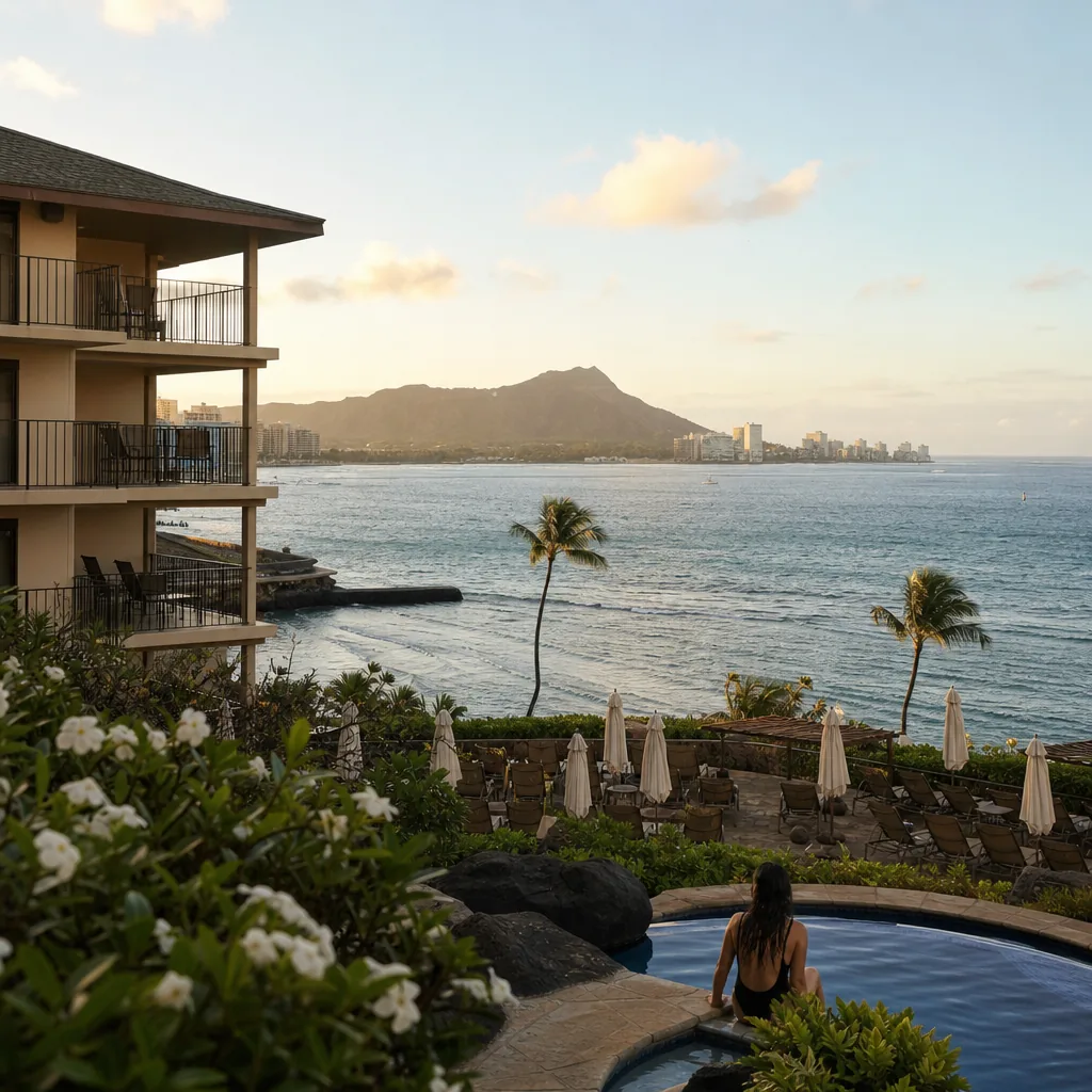 Realistic editorial photo of Hawaii resort scene showing too far from the things you came to see, tropical beach setting