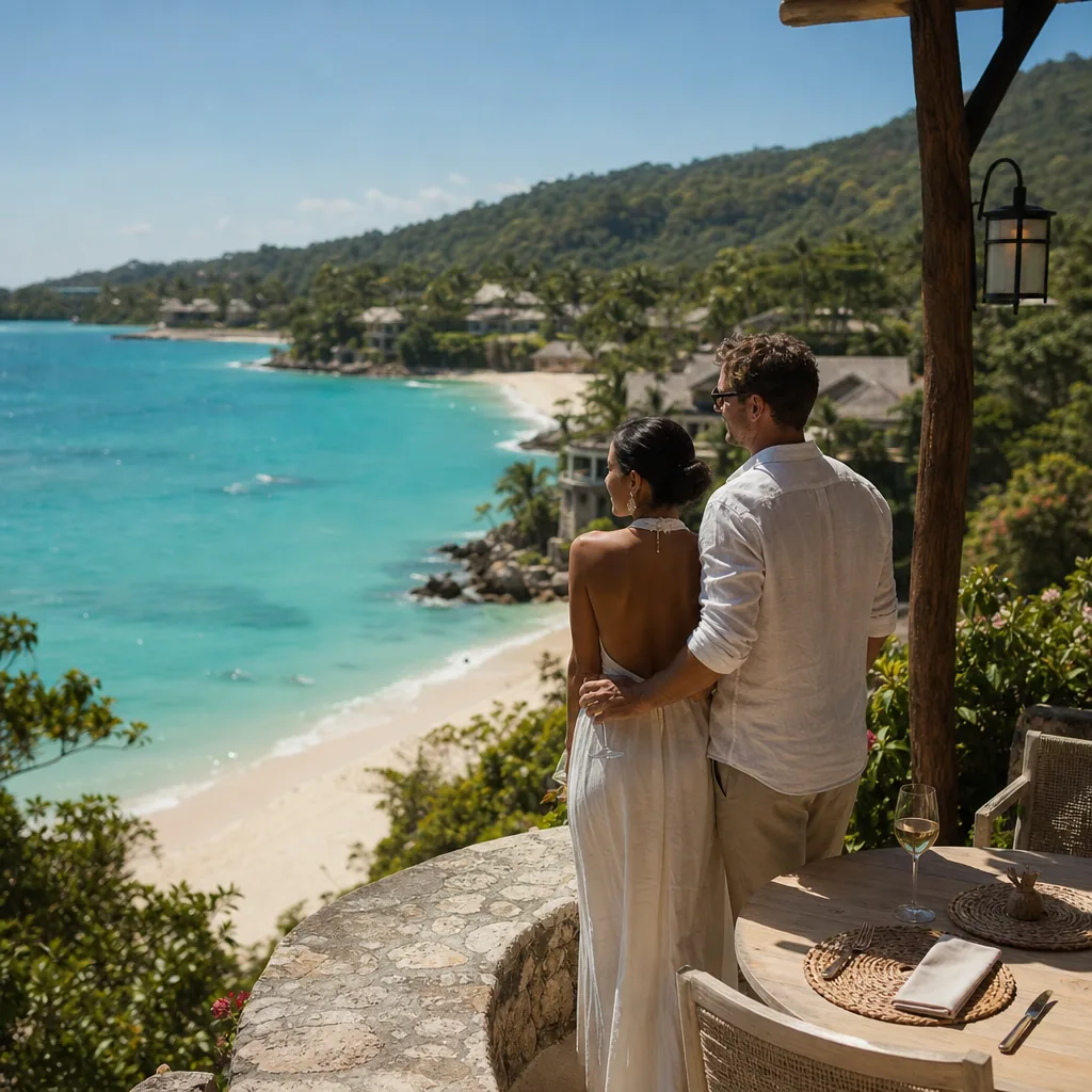 Realistic editorial photo of Jamaica all-inclusive resort scene showing cliffside romance when you want soft sand, beach