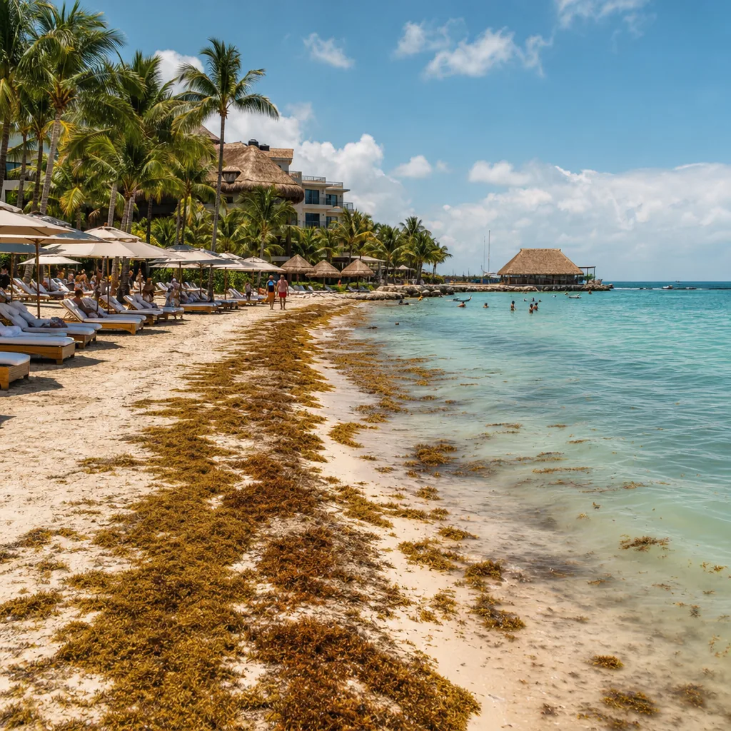 Realistic editorial photo of Mexico resort scene showing deal during sargassum season, beach resort setting, warm natura