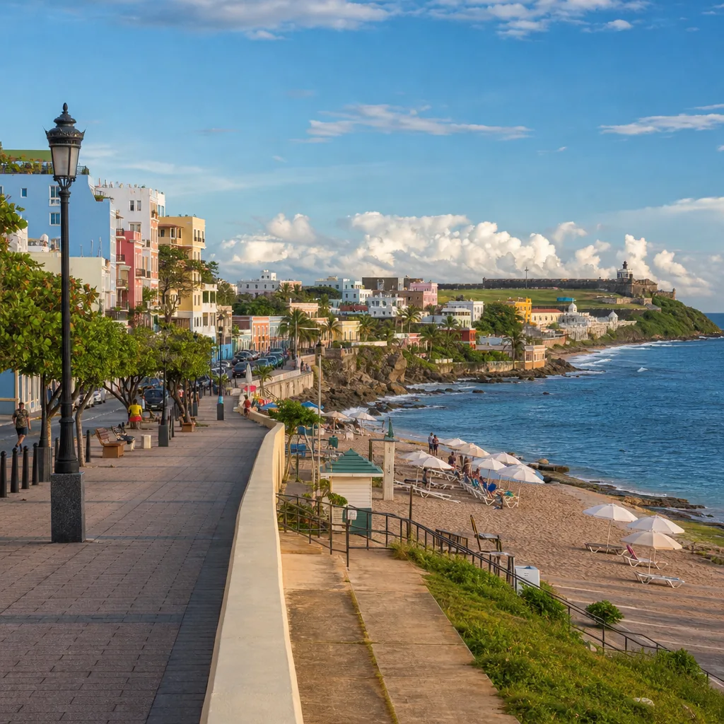 Realistic editorial photo of Puerto Rico travel scene showing all beaches to have facilities, colorful streets and coast