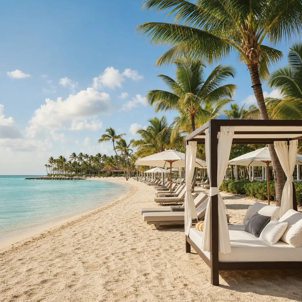 Realistic editorial photo of Punta Cana all-inclusive resort scene showing premium beach areas you may not use, palms an