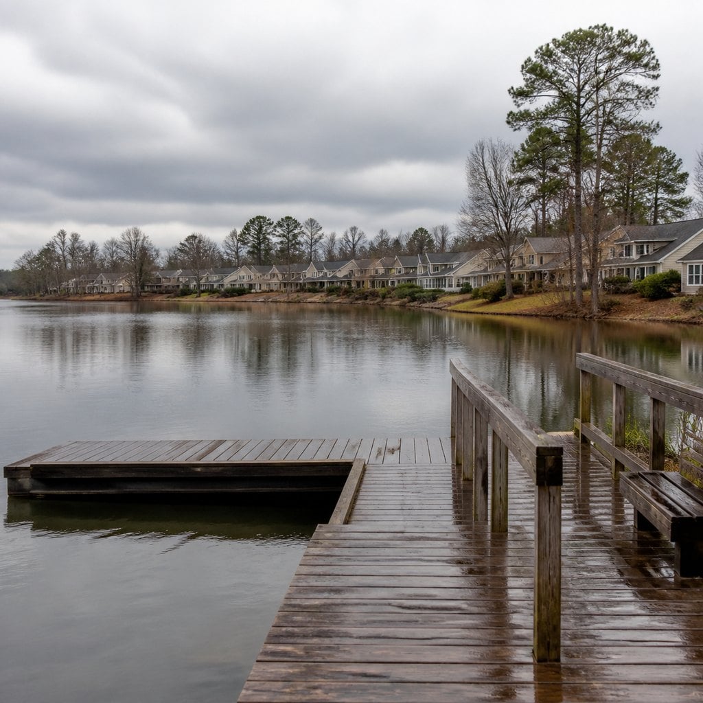 Fresh square editorial photo of a quiet lake dock beside a Georgia retirement community with overcast sky, still water, modes