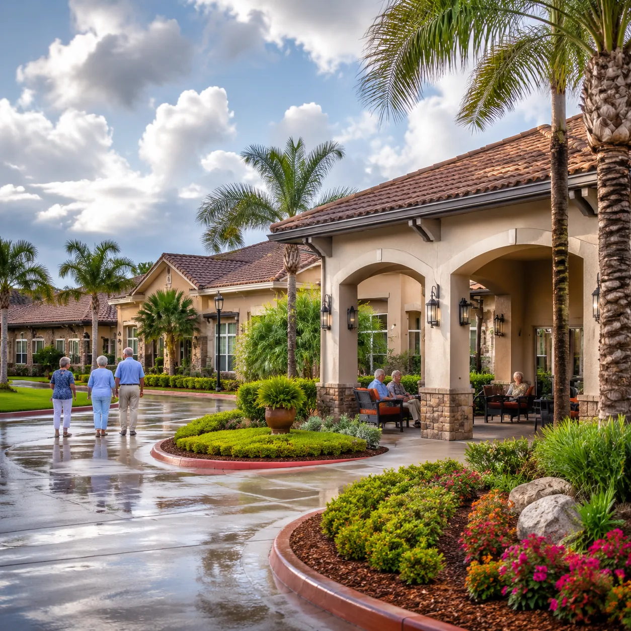 Realistic editorial photo of a Gulf Coast Texas senior community near League City with stucco buildings, palm landscapin