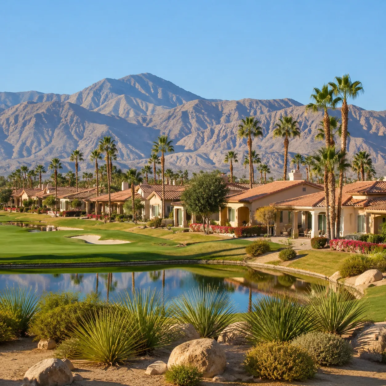 Realistic editorial photo of an Indio desert retirement community with golf course, palms, identical stucco homes, and b