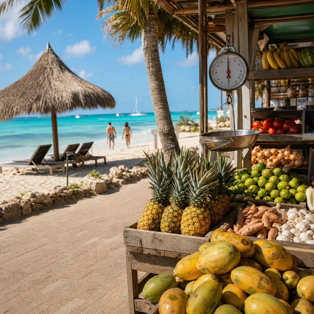 Realistic editorial photo of Aruba beach scene showing resort prices for grocery basics, dry island light and turquoise 