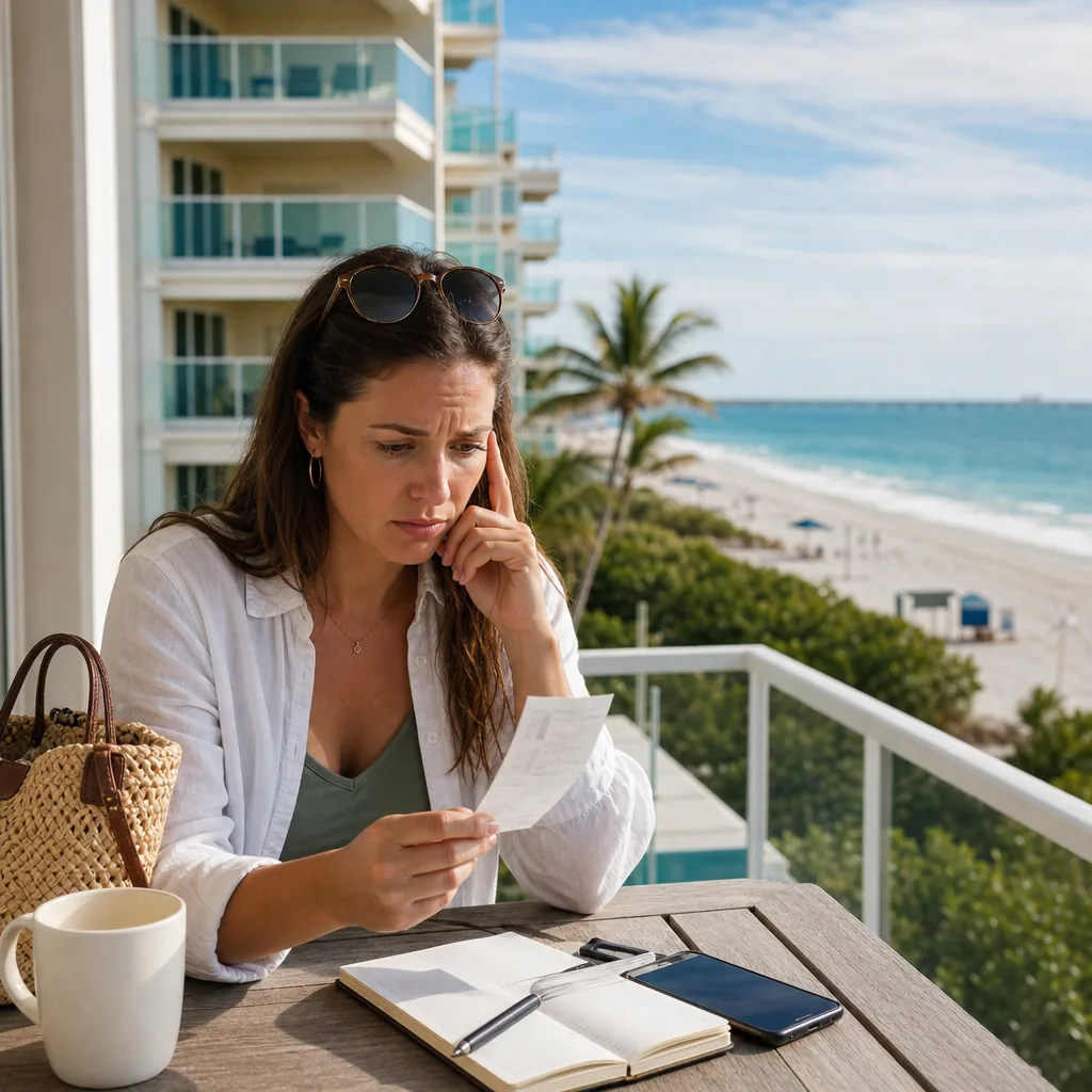Realistic editorial photo of Florida beach vacation scene showing condo with hidden cleaning fees, bright coastal settin