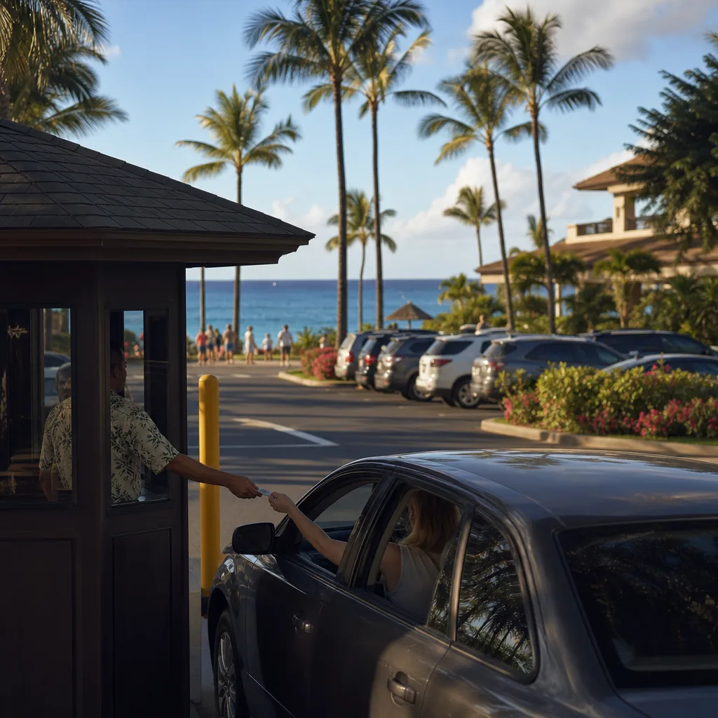 Realistic editorial photo of Hawaii resort scene showing parking fees, tropical beach setting, warm natural light, trave