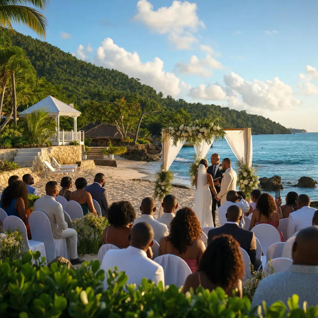 Realistic editorial photo of Jamaica all-inclusive resort scene showing peak wedding season, beach and tropical hills, w