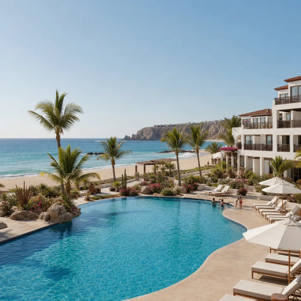 Realistic editorial photo of Mexico resort scene showing family resort without checking pool crowding, beach resort sett