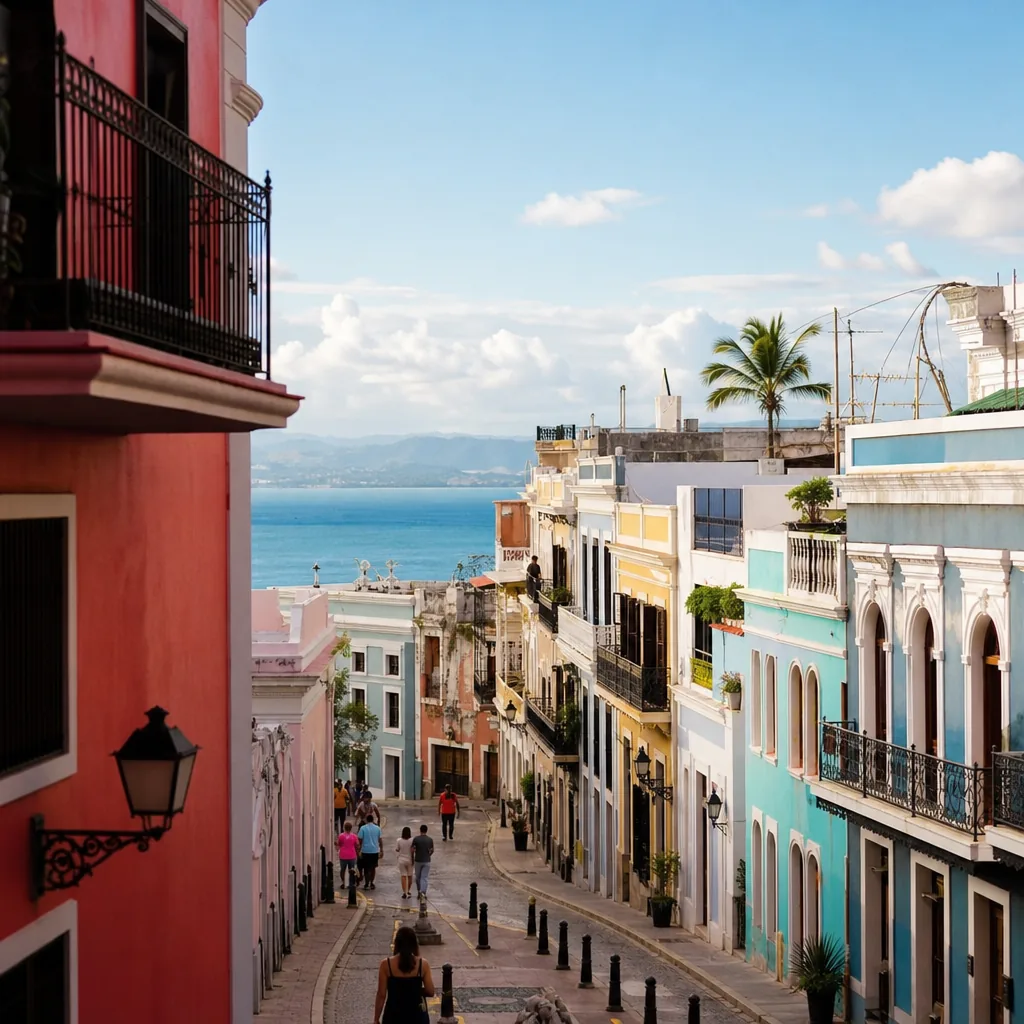 Realistic editorial photo of Puerto Rico travel scene showing times, colorful streets and coastline, warm natural light,