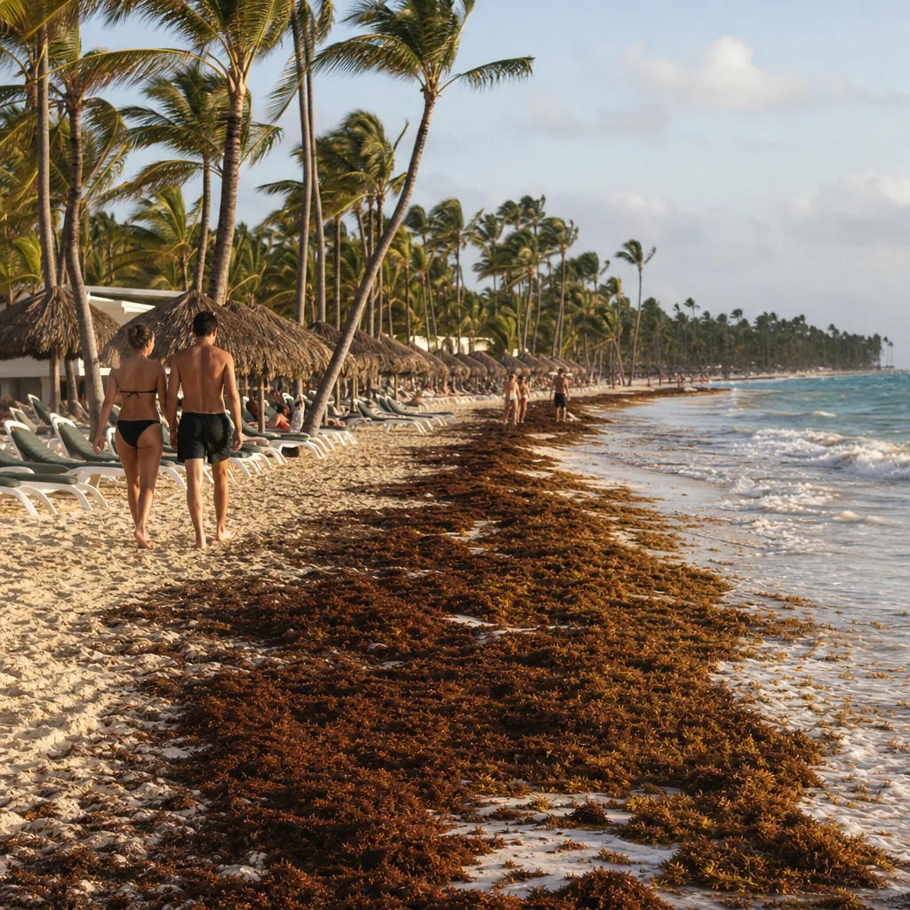 Realistic editorial photo of Punta Cana all-inclusive resort scene showing sargassum season without a backup plan, palms