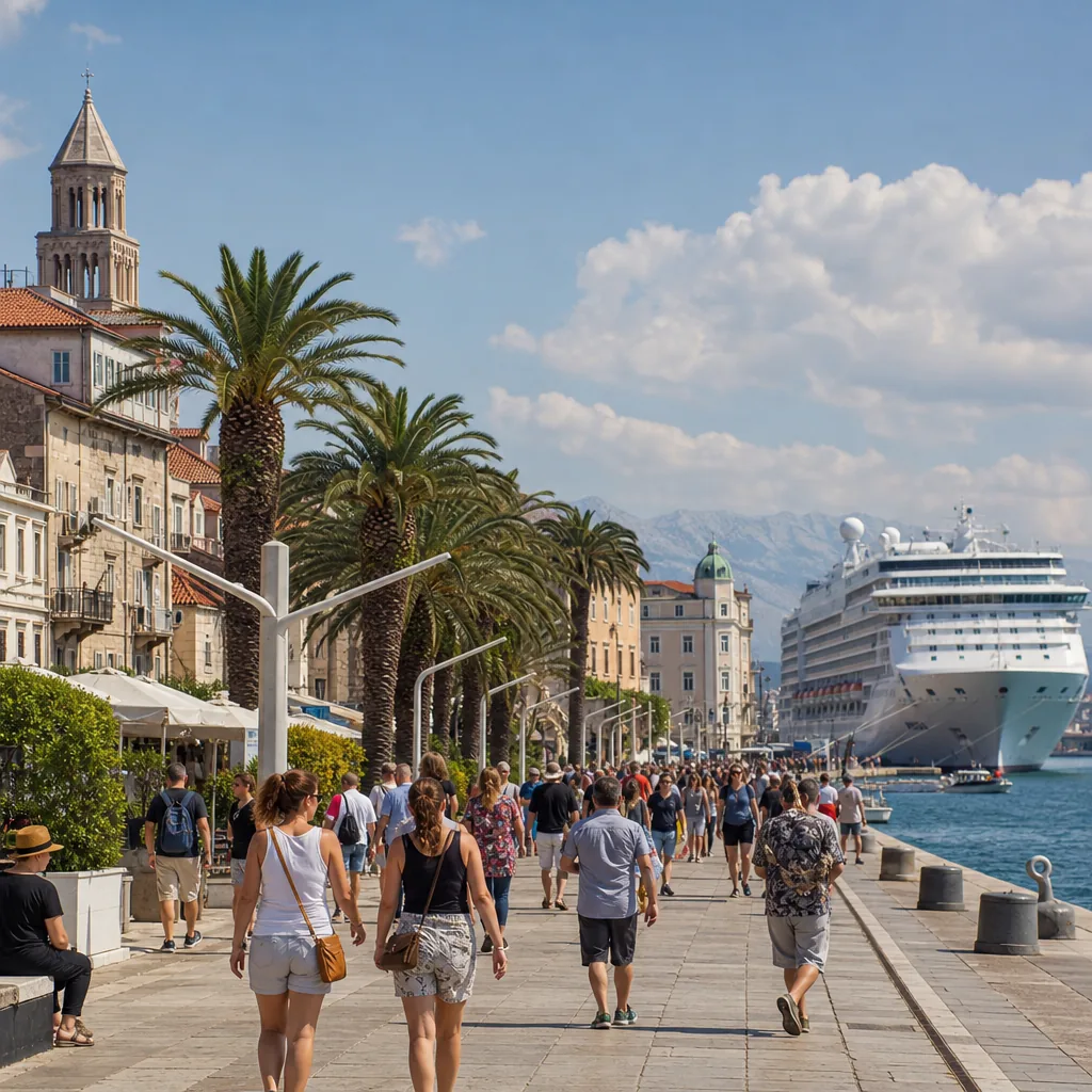 Realistic editorial photo of Split, Croatia cruise port waterfront with visitors, local streets, and ship-day energy, wa