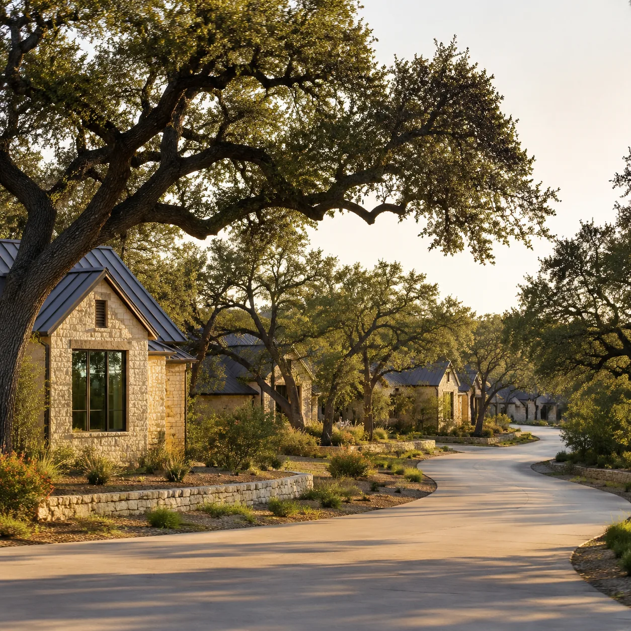 Realistic editorial photo of a Boerne Texas 55 plus neighborhood with limestone homes, Hill Country roads, live oaks, an