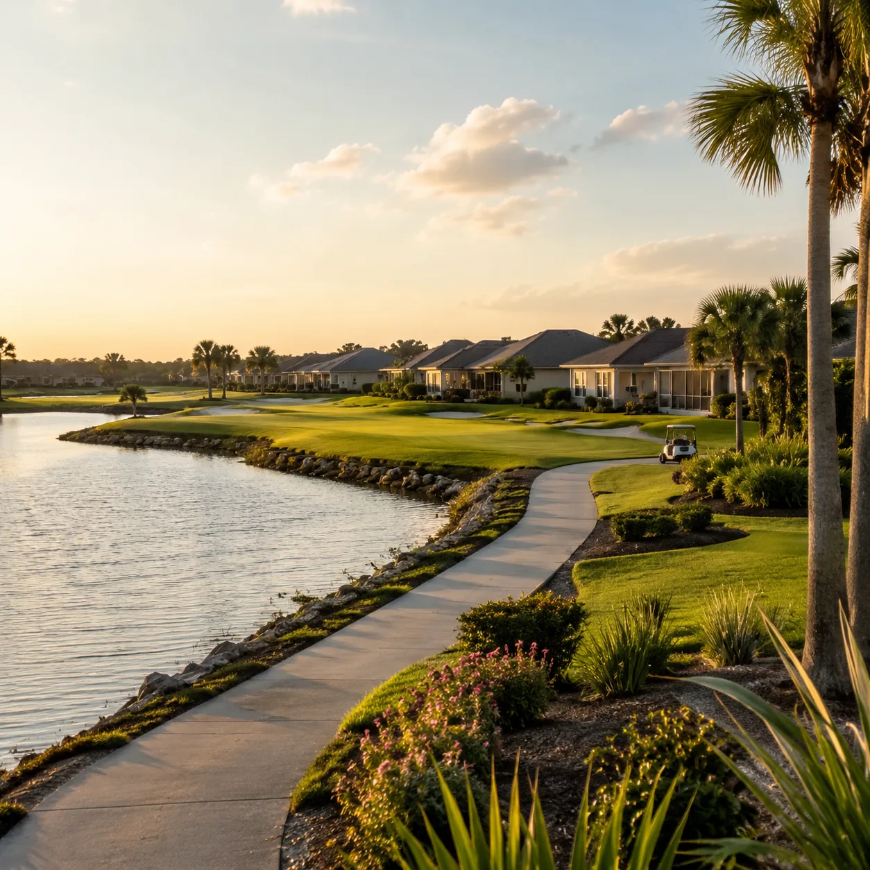Realistic editorial photo of a Central Florida golf retirement community beside a lake with cart paths, low homes, and l