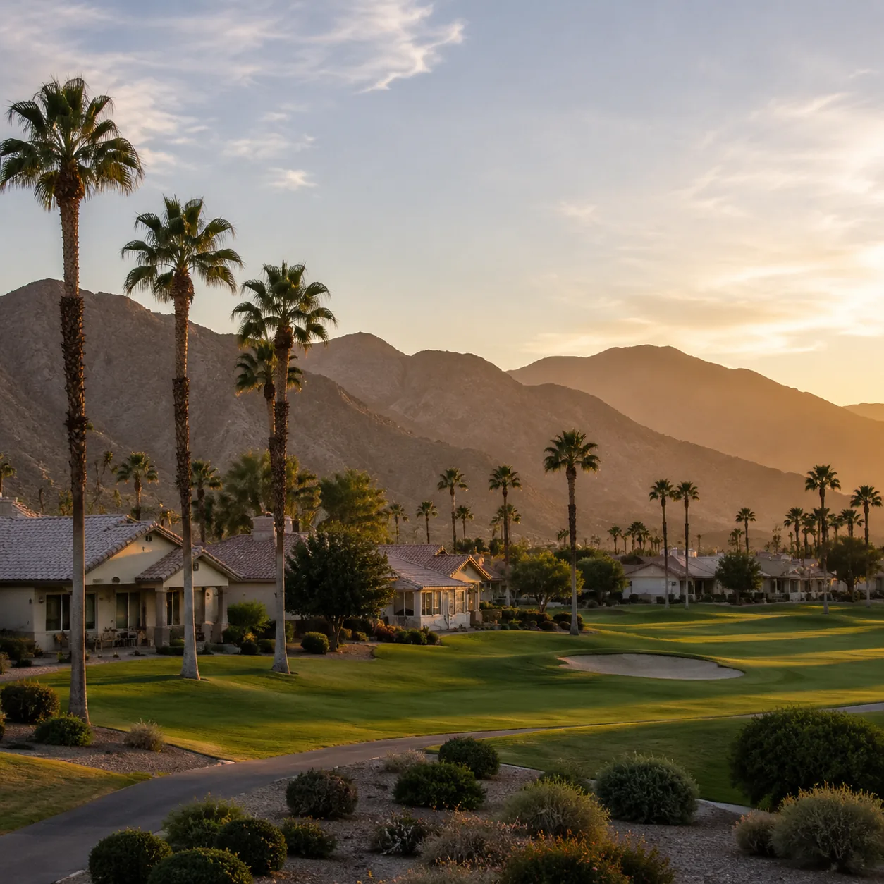 Realistic editorial photo of an older Coachella Valley golf retirement community with palm-lined fairway, low homes, dry
