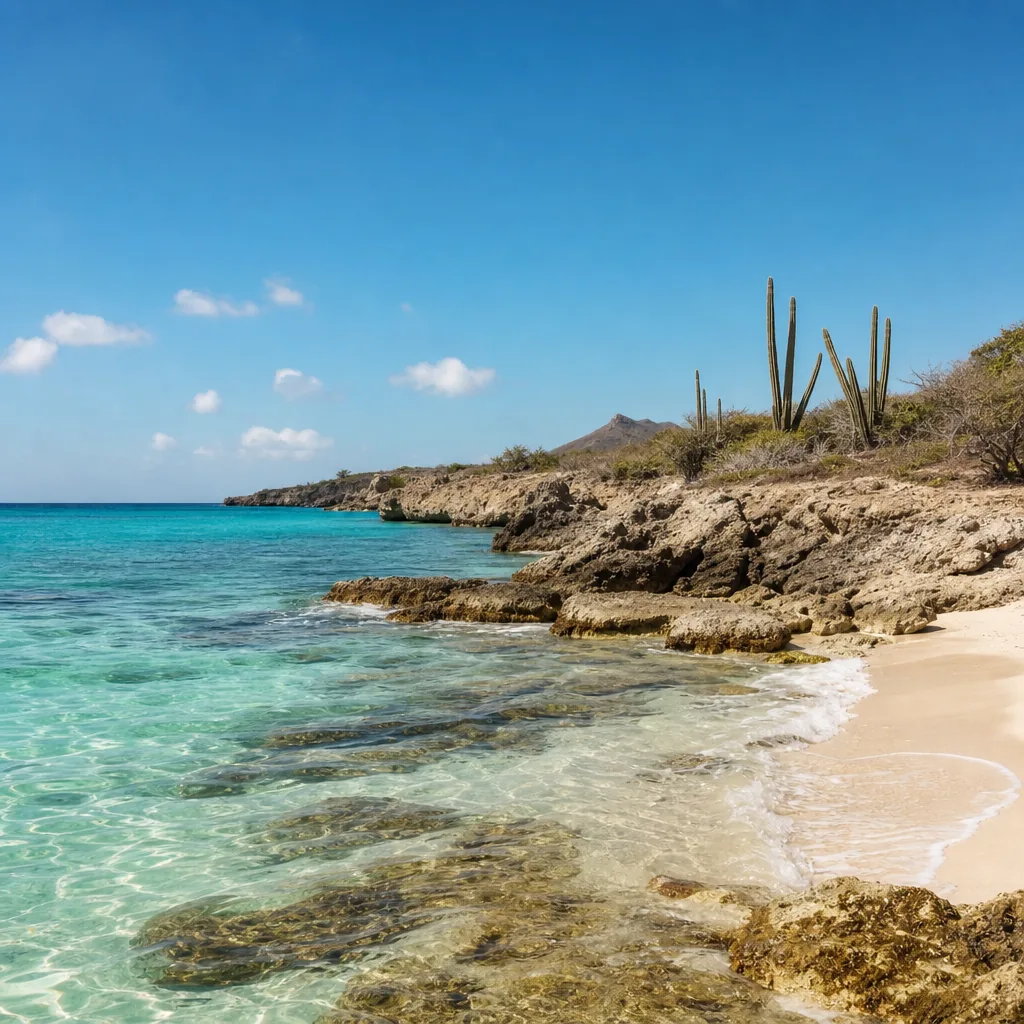 Realistic editorial photo of Aruba beach scene showing desert side of the island, dry island light and turquoise water, 