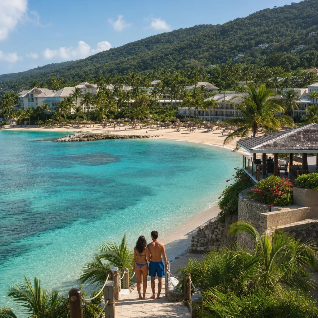 Realistic editorial photo of Jamaica all-inclusive resort scene showing every resort excursion is close, beach and tropi