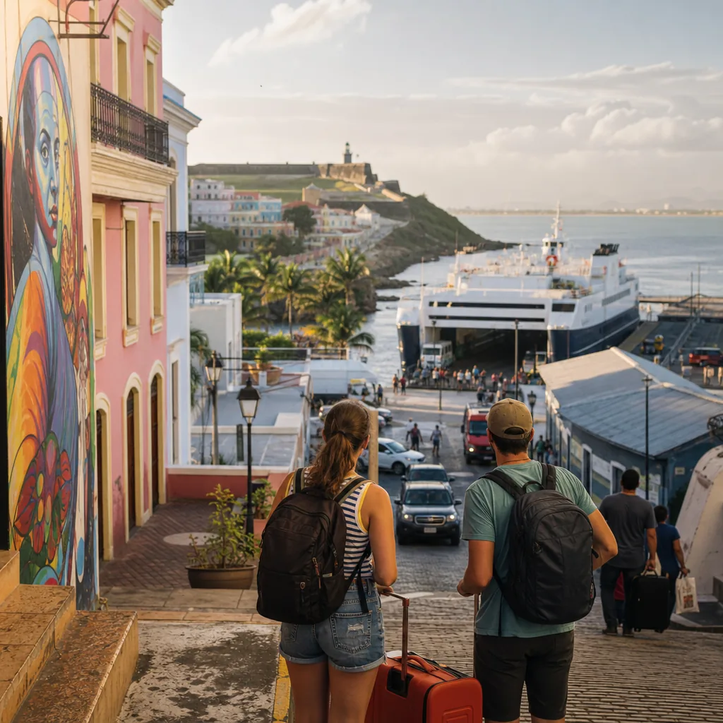 Realistic editorial photo of Puerto Rico travel scene showing ferry backup plans, colorful streets and coastline, warm n