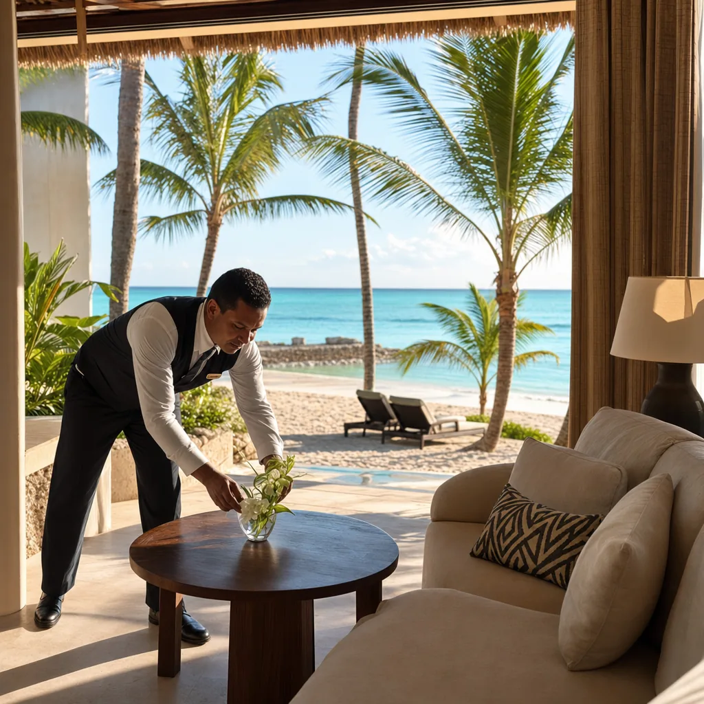 Realistic editorial photo of Punta Cana all-inclusive resort scene showing butler service fixes a bad layout, palms and