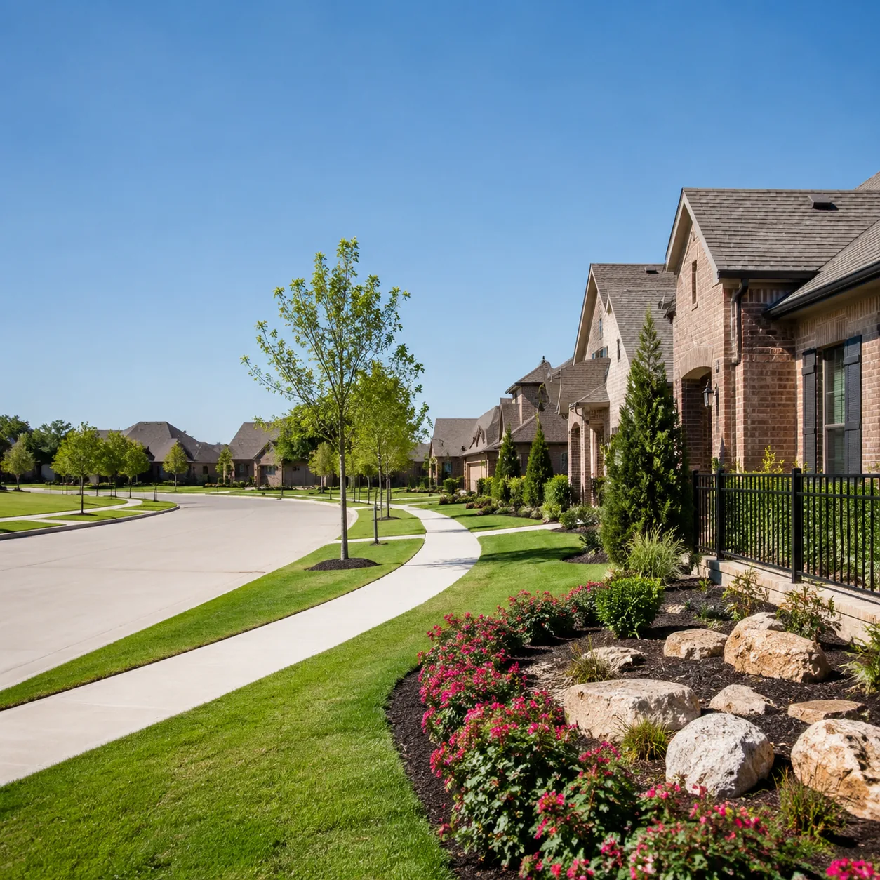 Realistic editorial photo of a Mansfield Texas active adult community with new brick homes, HOA landscaping, wide suburb