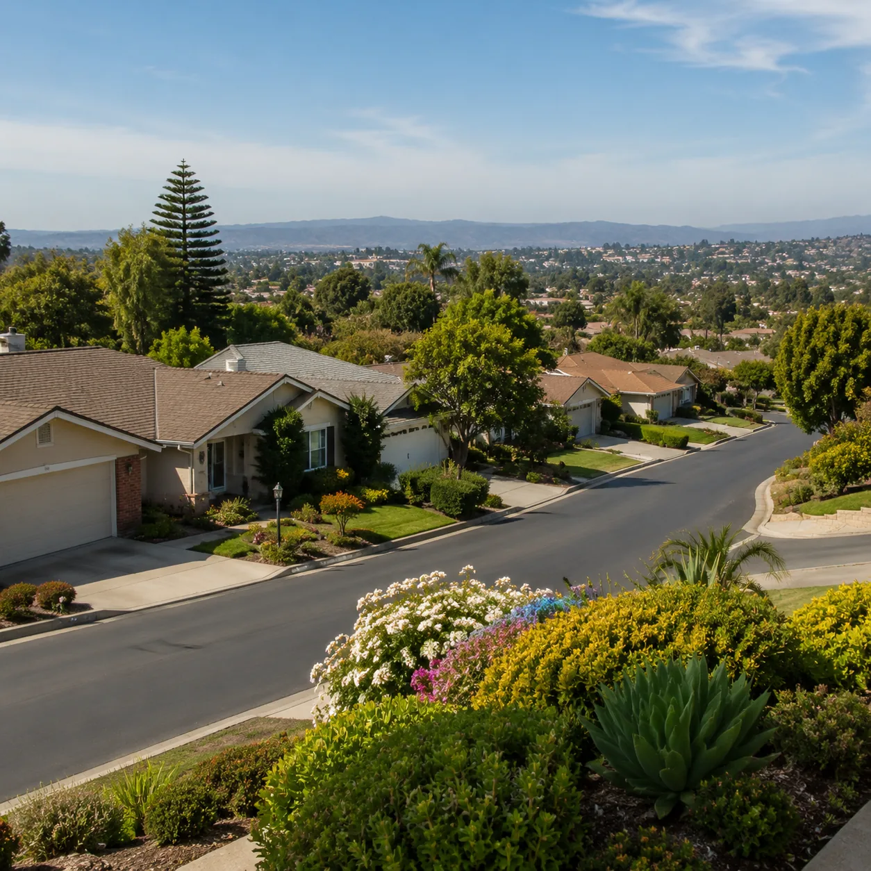 Realistic editorial photo of an Orange County 55 plus neighborhood with mature landscaping, single-story homes, sloped s