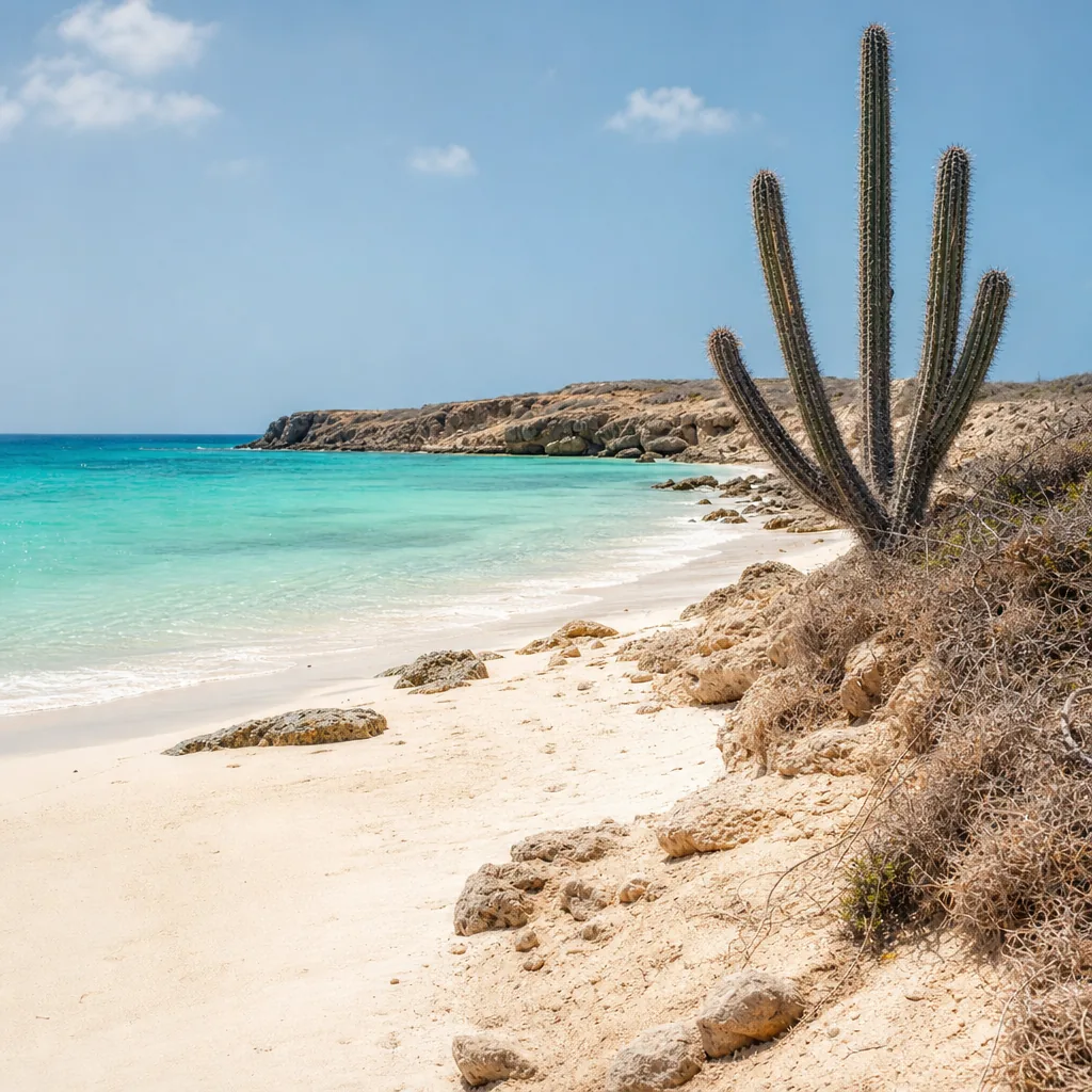 Realistic editorial photo of Aruba beach scene showing how dry the sun feels, dry island light and turquoise water, warm