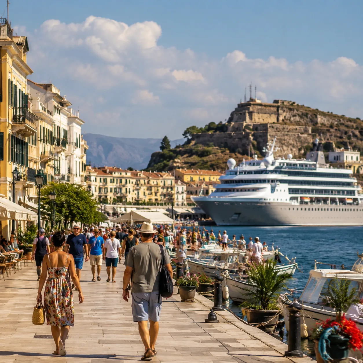 Realistic editorial photo of Corfu, Greece cruise port waterfront with visitors, local streets, and ship-day energy, war
