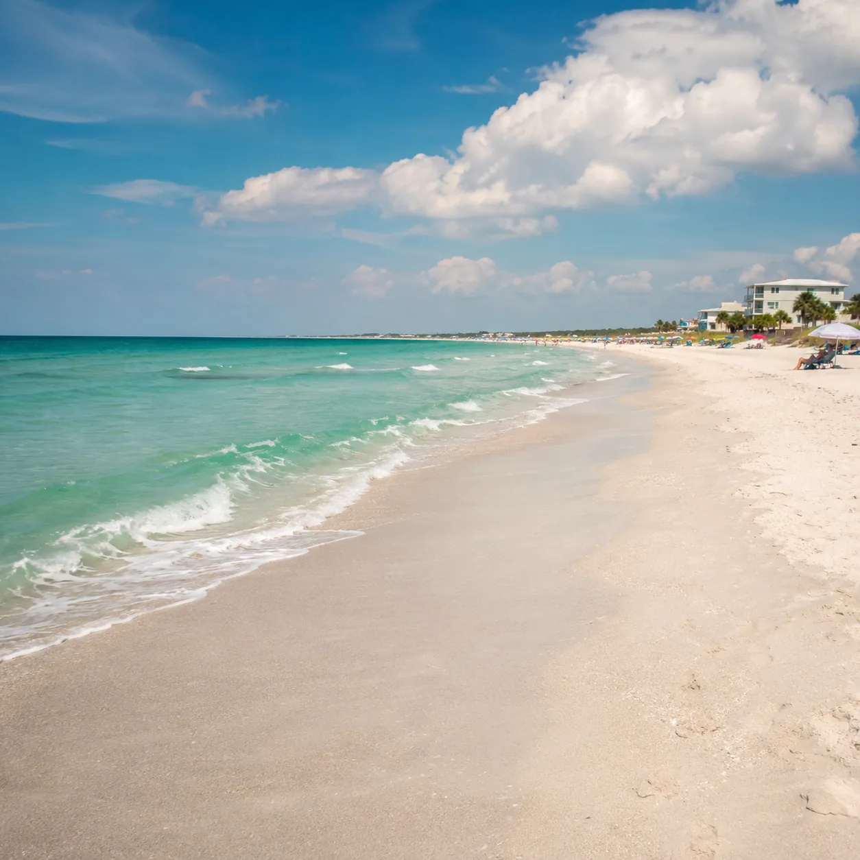 Realistic editorial photo of Florida beach vacation scene showing every gulf beach feels the same, bright coastal settin
