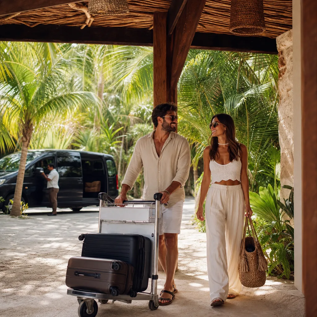 Realistic editorial photo of Mexico resort scene showing airport transfer time to tulum, beach resort setting, warm natu