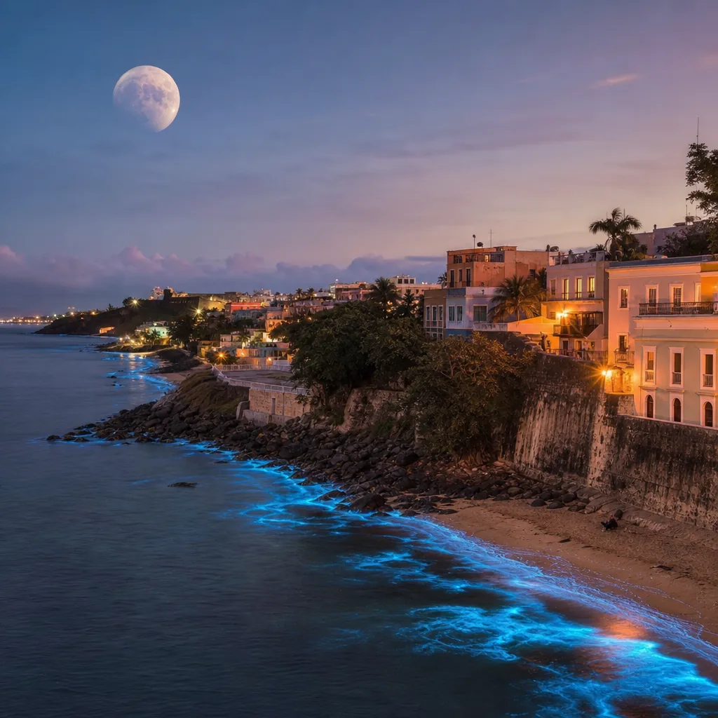 Realistic editorial photo of Puerto Rico travel scene showing bioluminescent bay on the wrong moon, colorful streets and