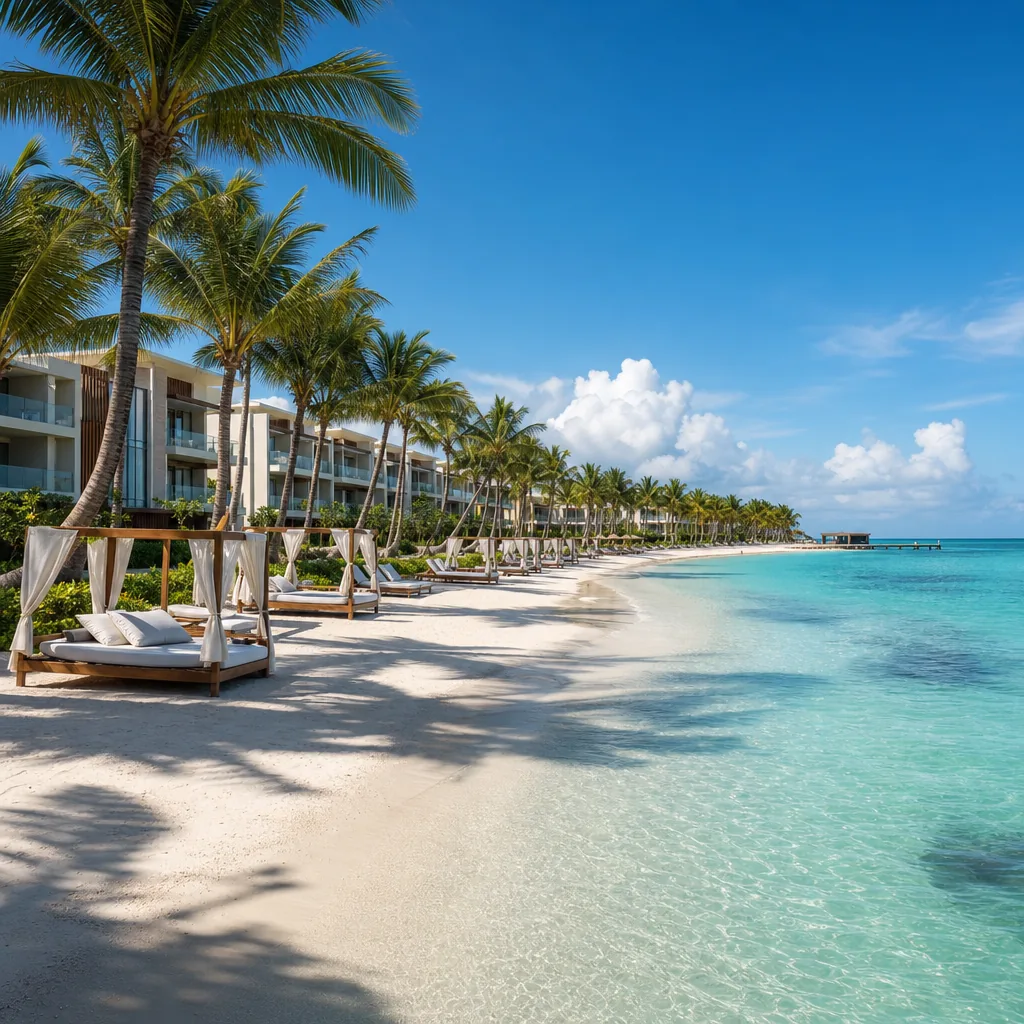 Realistic editorial photo of Punta Cana all-inclusive resort scene showing resort because it is new, palms and resort be