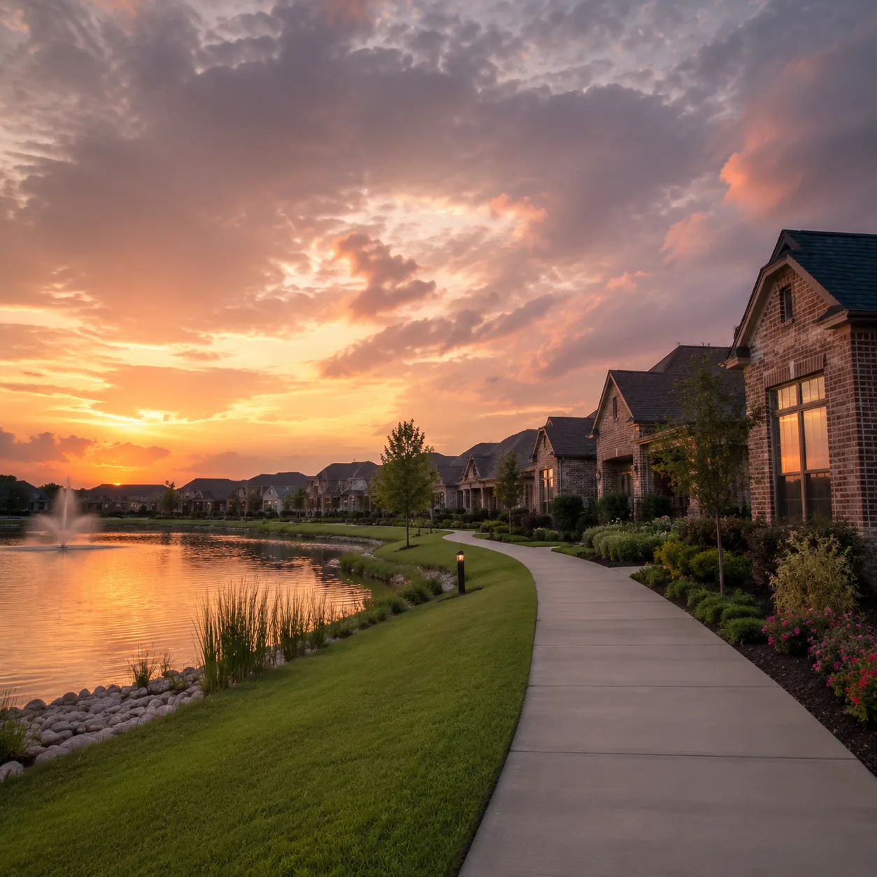 Realistic editorial photo of a Fulshear Texas 55 plus community with brick homes, retention pond, walking path, and humi