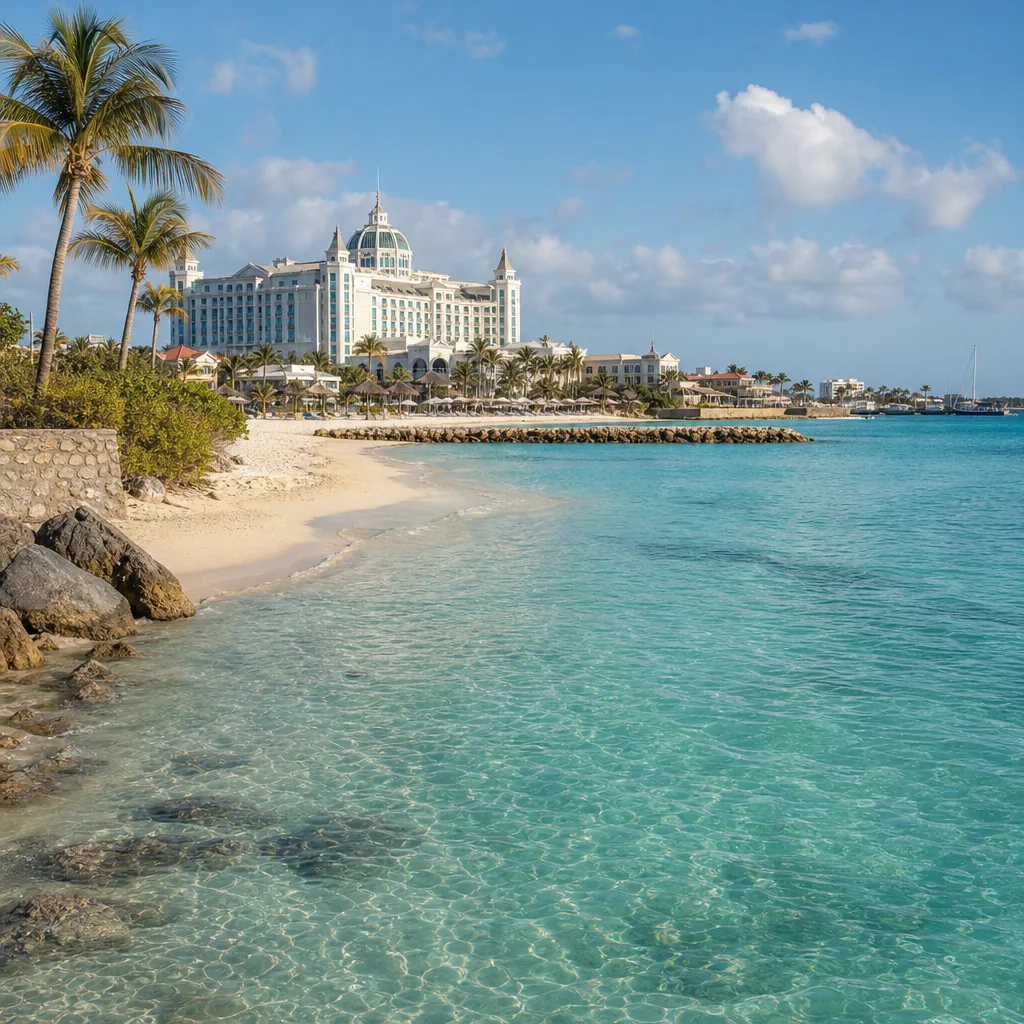 Realistic editorial photo of Aruba beach scene showing casino resort for a quiet trip, dry island light and turquoise wa