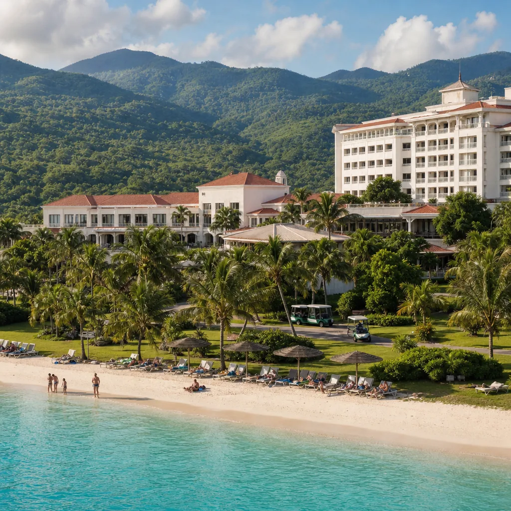 Realistic editorial photo of Jamaica all-inclusive resort scene showing huge property with limited shuttles, beach and t