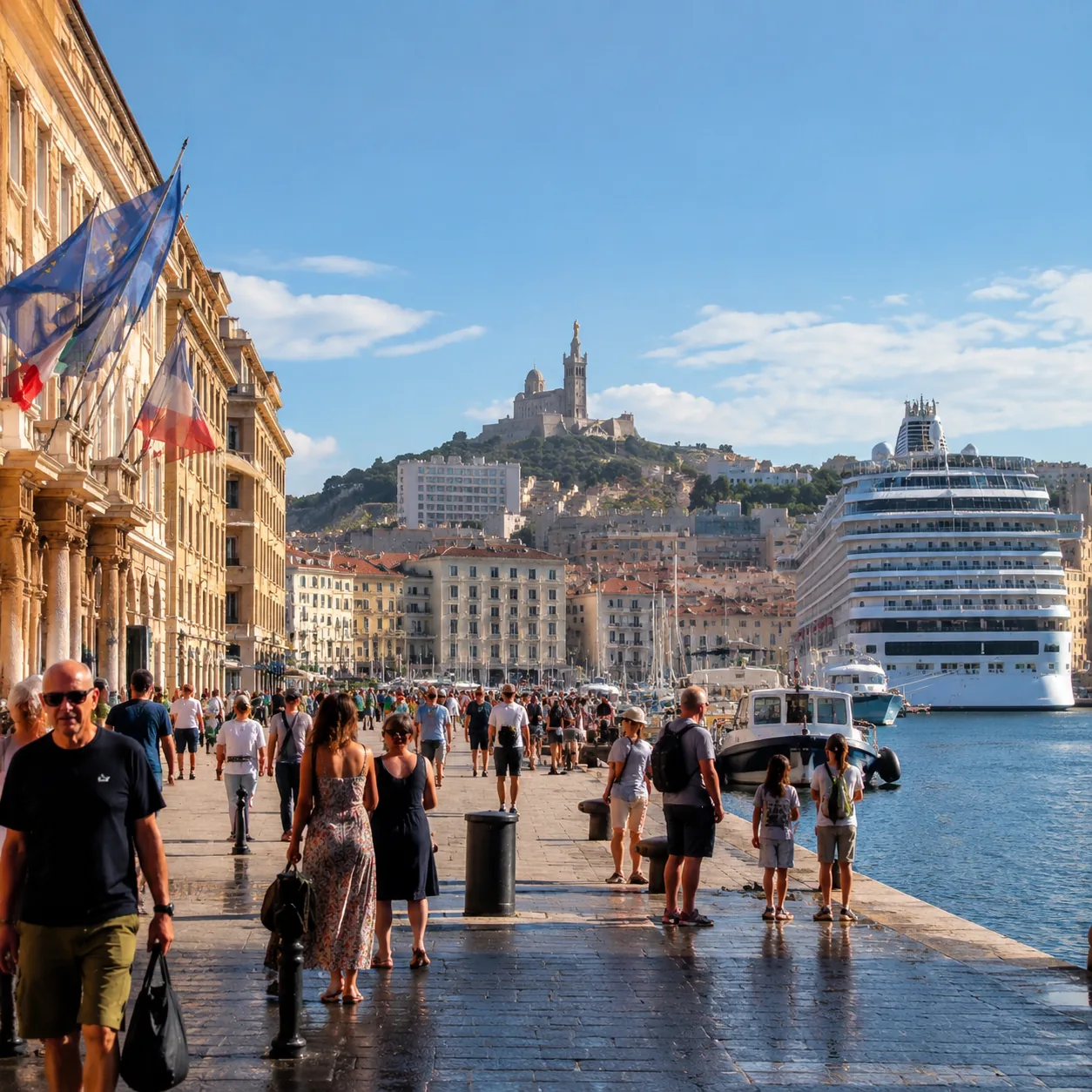 Realistic editorial photo of Marseille, France cruise port waterfront with visitors, local streets, and ship-day energy,