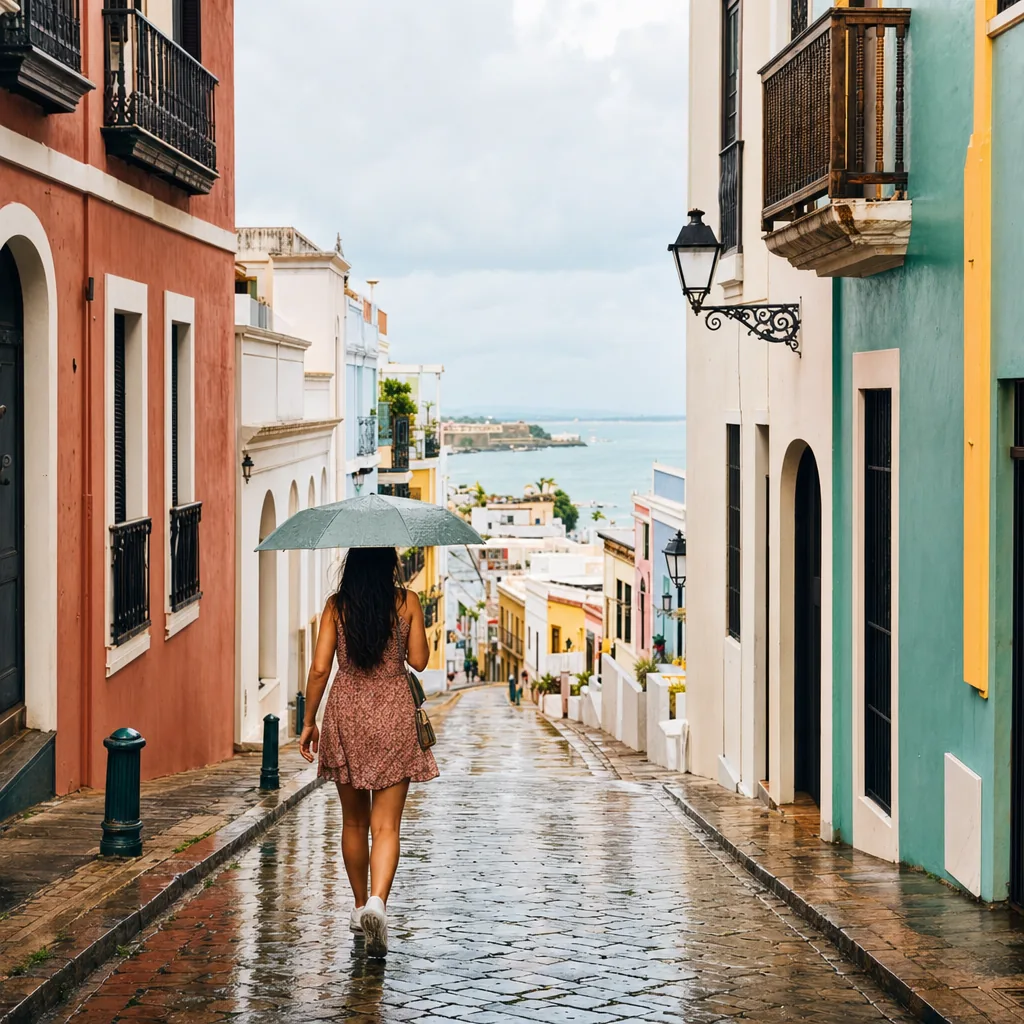 Realistic editorial photo of Puerto Rico travel scene showing rain plans, colorful streets and coastline, warm natural l