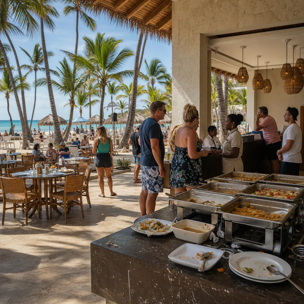 Realistic editorial photo of Punta Cana all-inclusive resort scene showing recent buffet and reservation complaints, pal