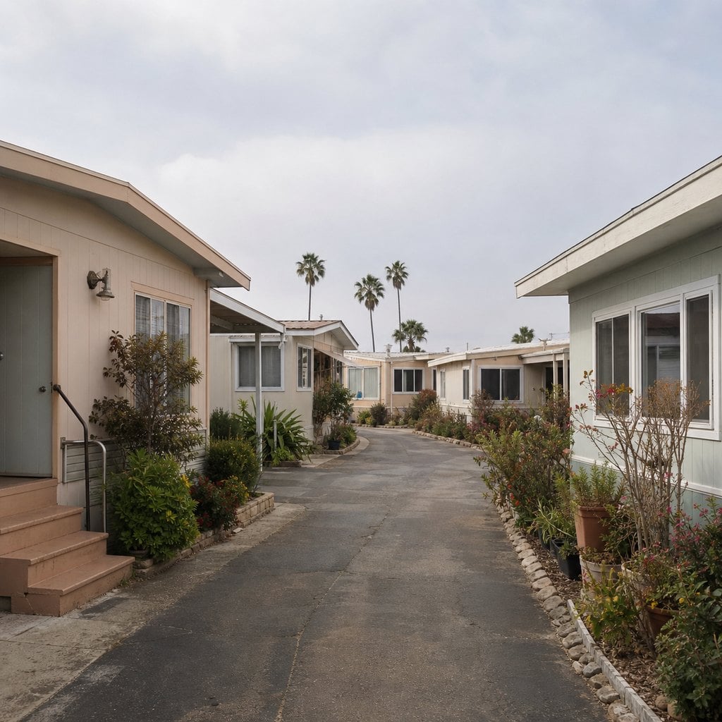 Fresh square editorial photo of an older Southern California retirement community with aging mid-century buildings, narrow st