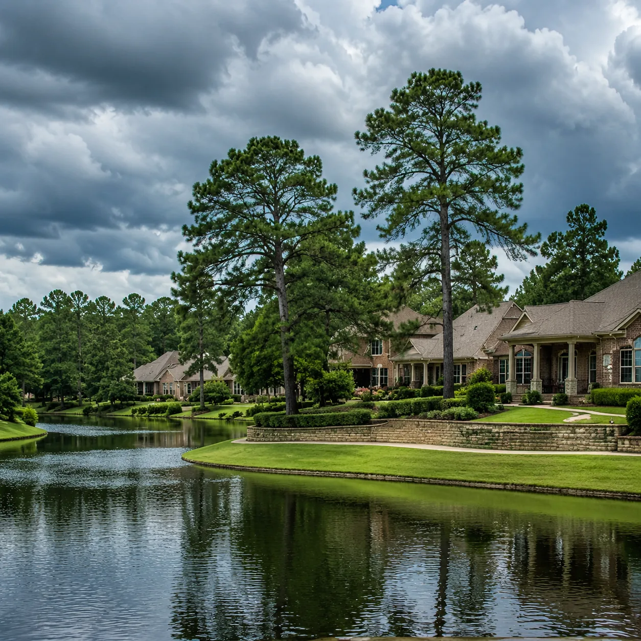Realistic editorial photo of a Conroe Texas 55 plus community with lake landscaping, brick homes, pine trees, and stormy