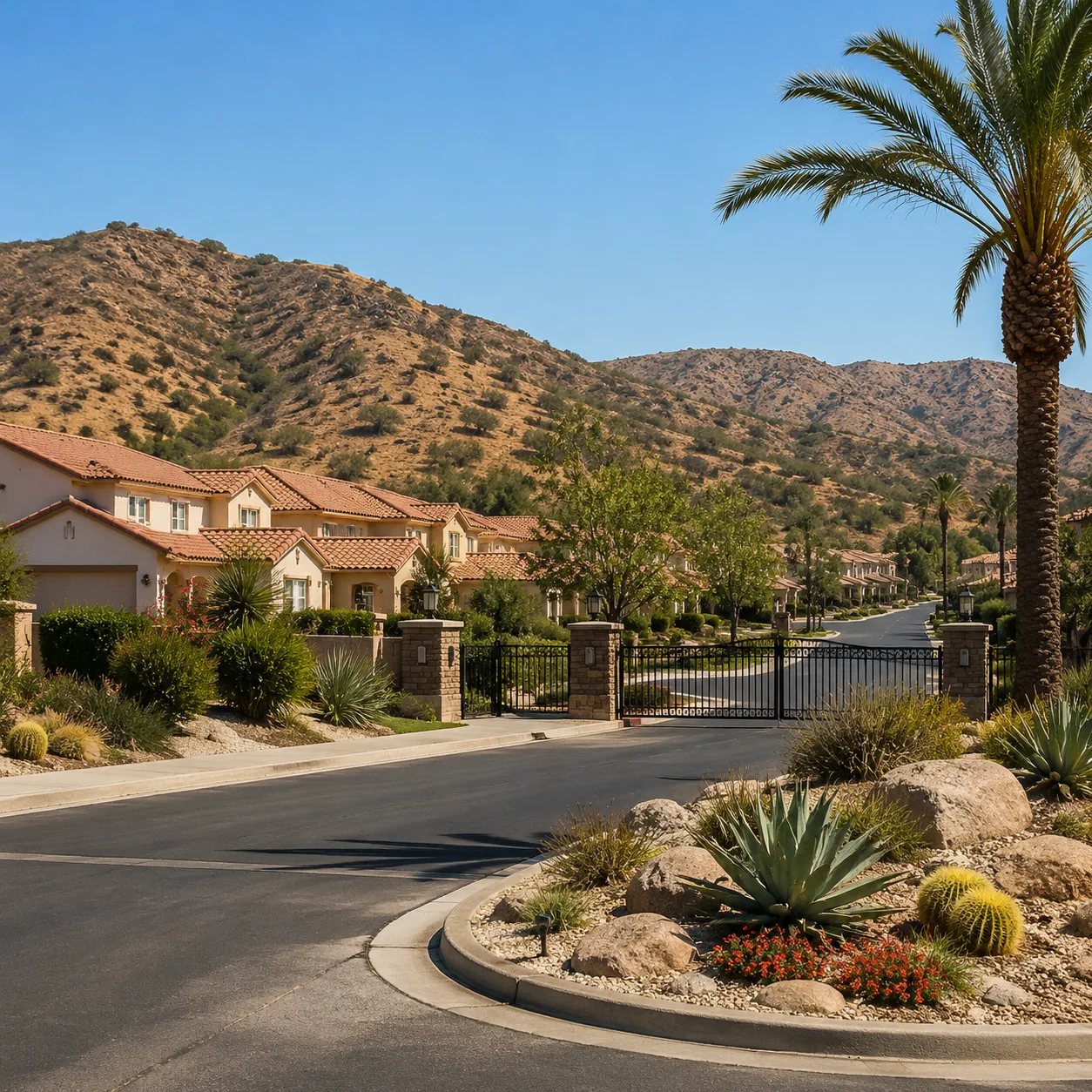 Realistic editorial photo of an Inland Southern California gated active adult community with stucco homes, dry hills, HO