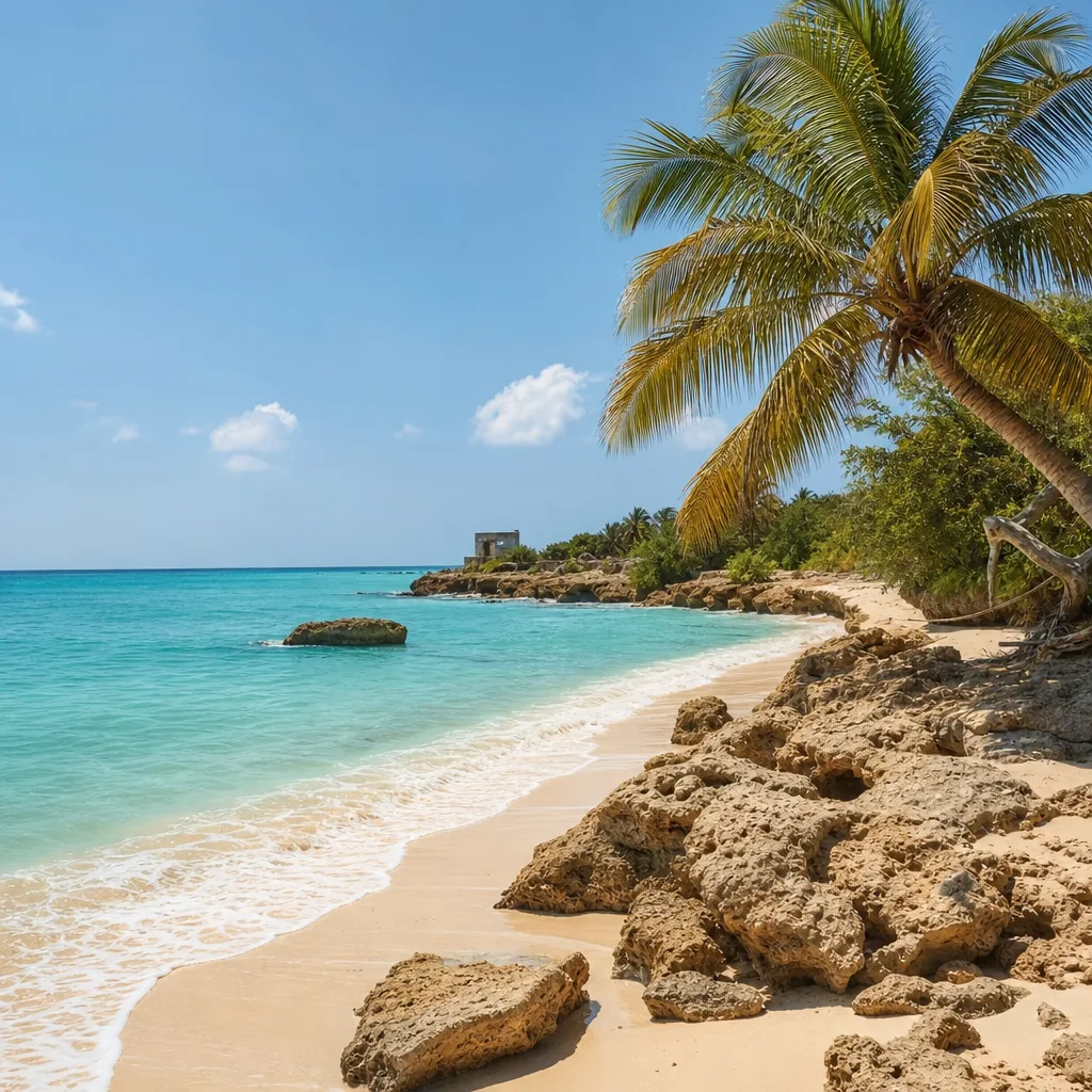 Realistic editorial photo of Aruba beach scene showing lush tropical scenery, dry island light and turquoise water, warm