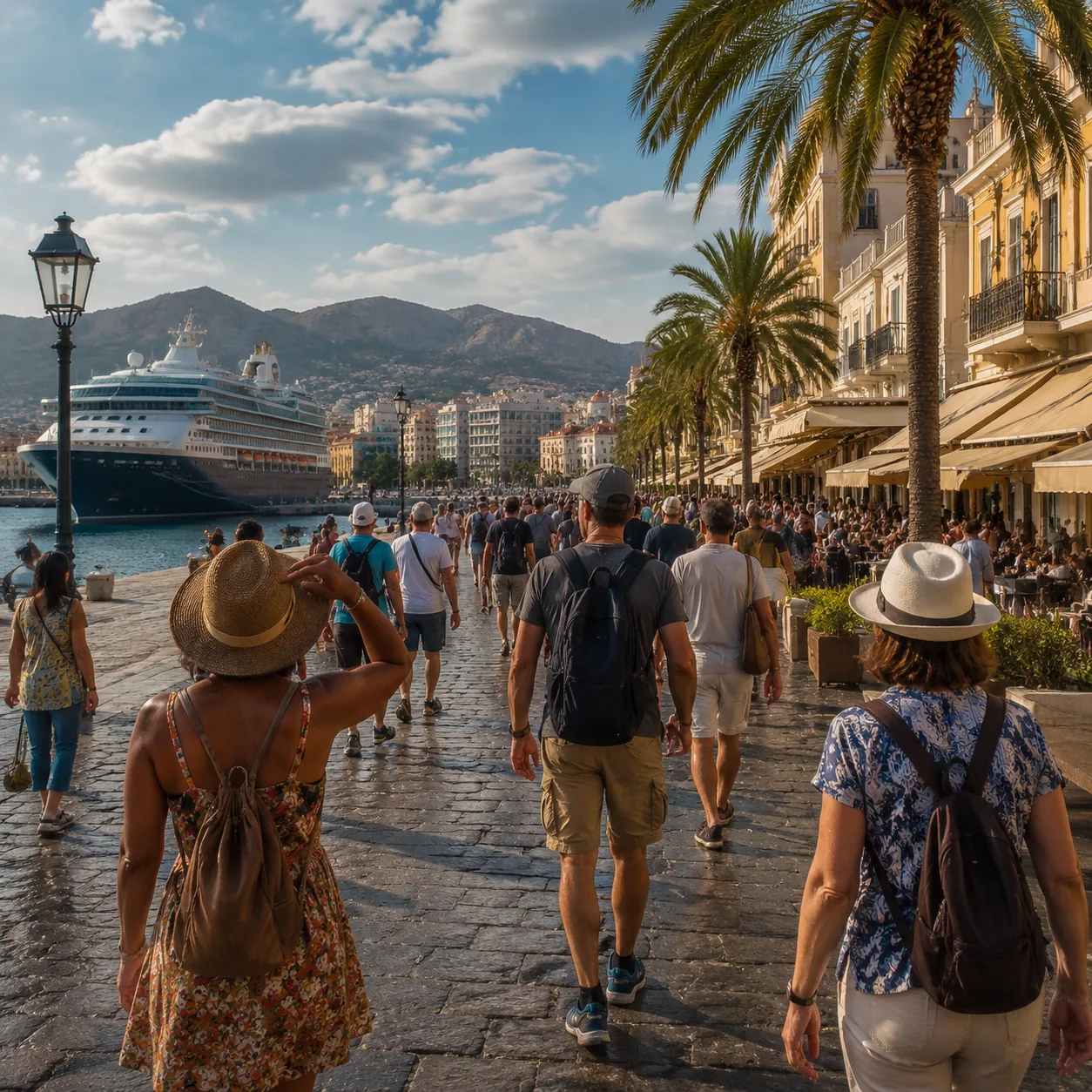 Realistic editorial photo of Athens Or Piraeus, Greece cruise port waterfront with visitors, local streets, and ship-day