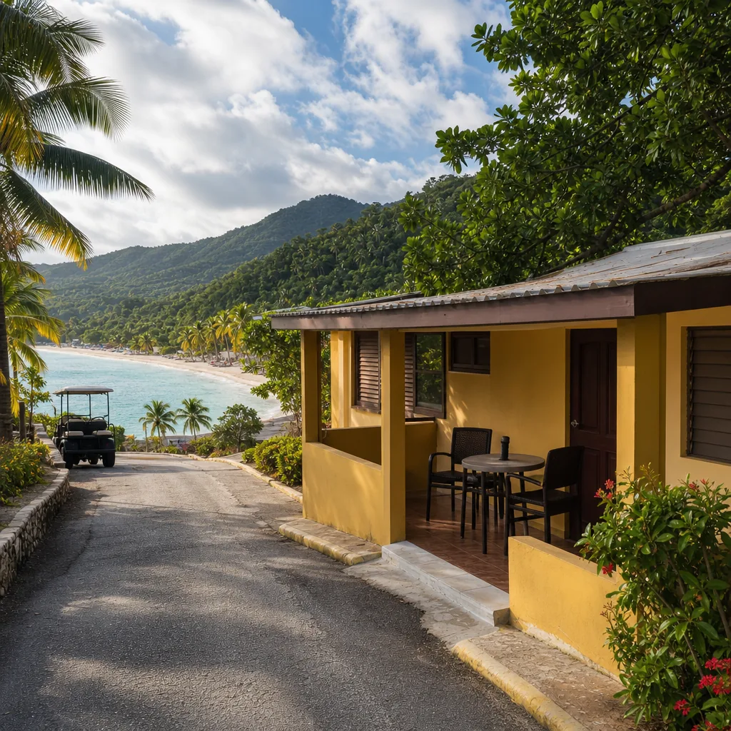 Realistic editorial photo of Jamaica all-inclusive resort scene showing cheapest room by the road, beach and tropical hi
