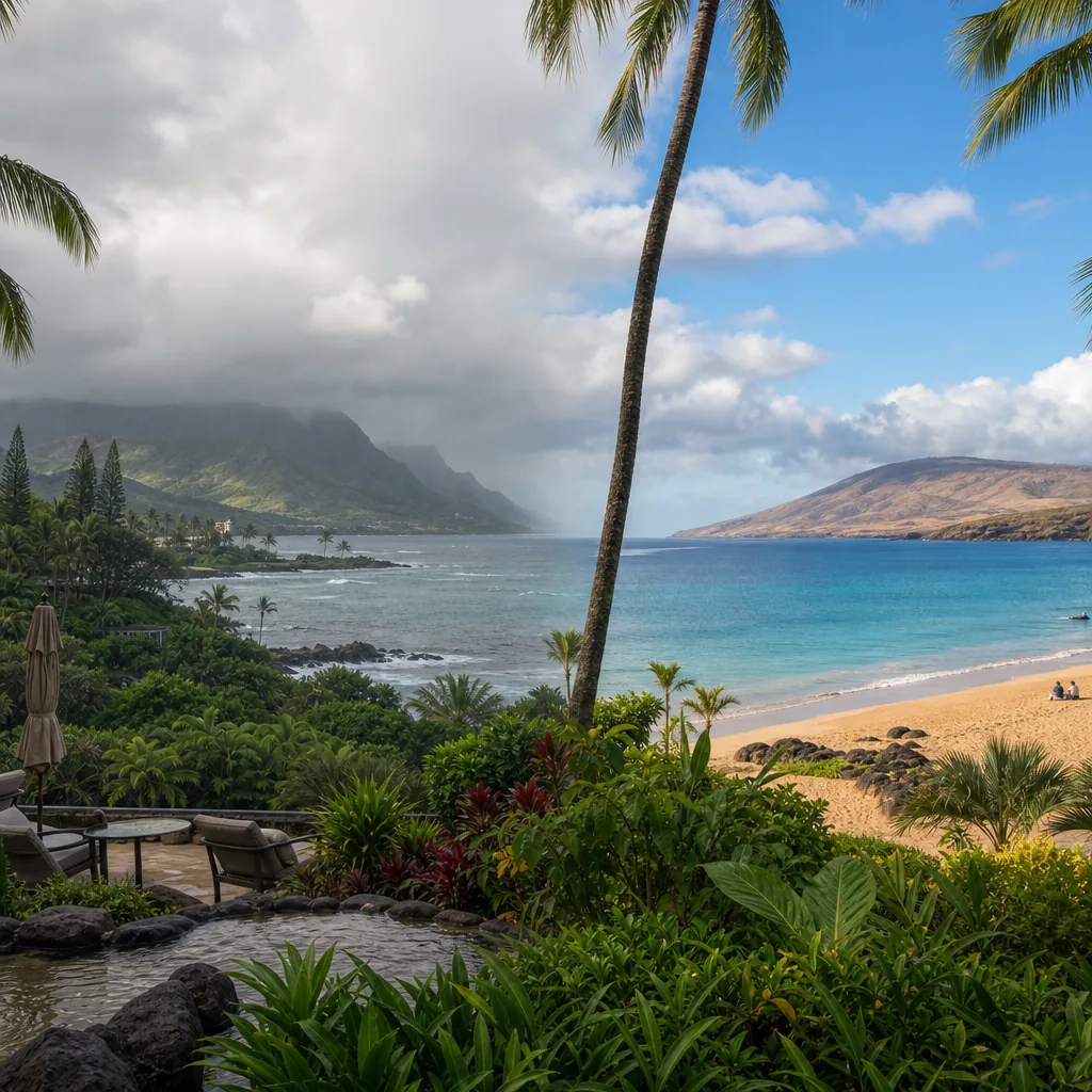 Realistic editorial photo of Hawaii resort scene showing windward versus leeward weather, tropical beach setting, warm n