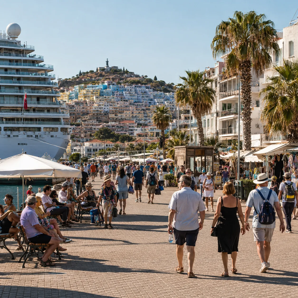 Realistic editorial photo of Kusadasi, Turkey cruise port waterfront with visitors, local streets, and ship-day energy, 