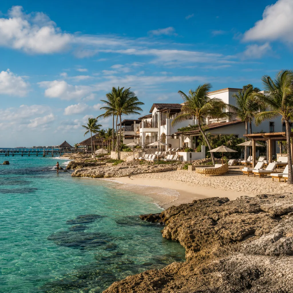 Realistic editorial photo of Mexico resort scene showing cozumel when you do not care about reefs, beach resort setting,