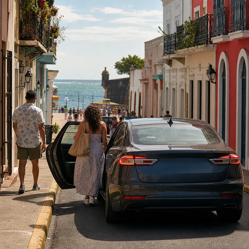 Realistic editorial photo of Puerto Rico travel scene showing ubers work the same everywhere, colorful streets and coast