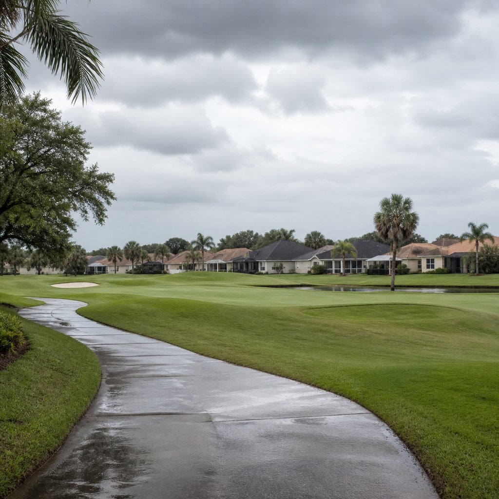 Fresh square editorial photo of a Central Florida retirement community golf course after rain with grey sky, wet grass, cart 